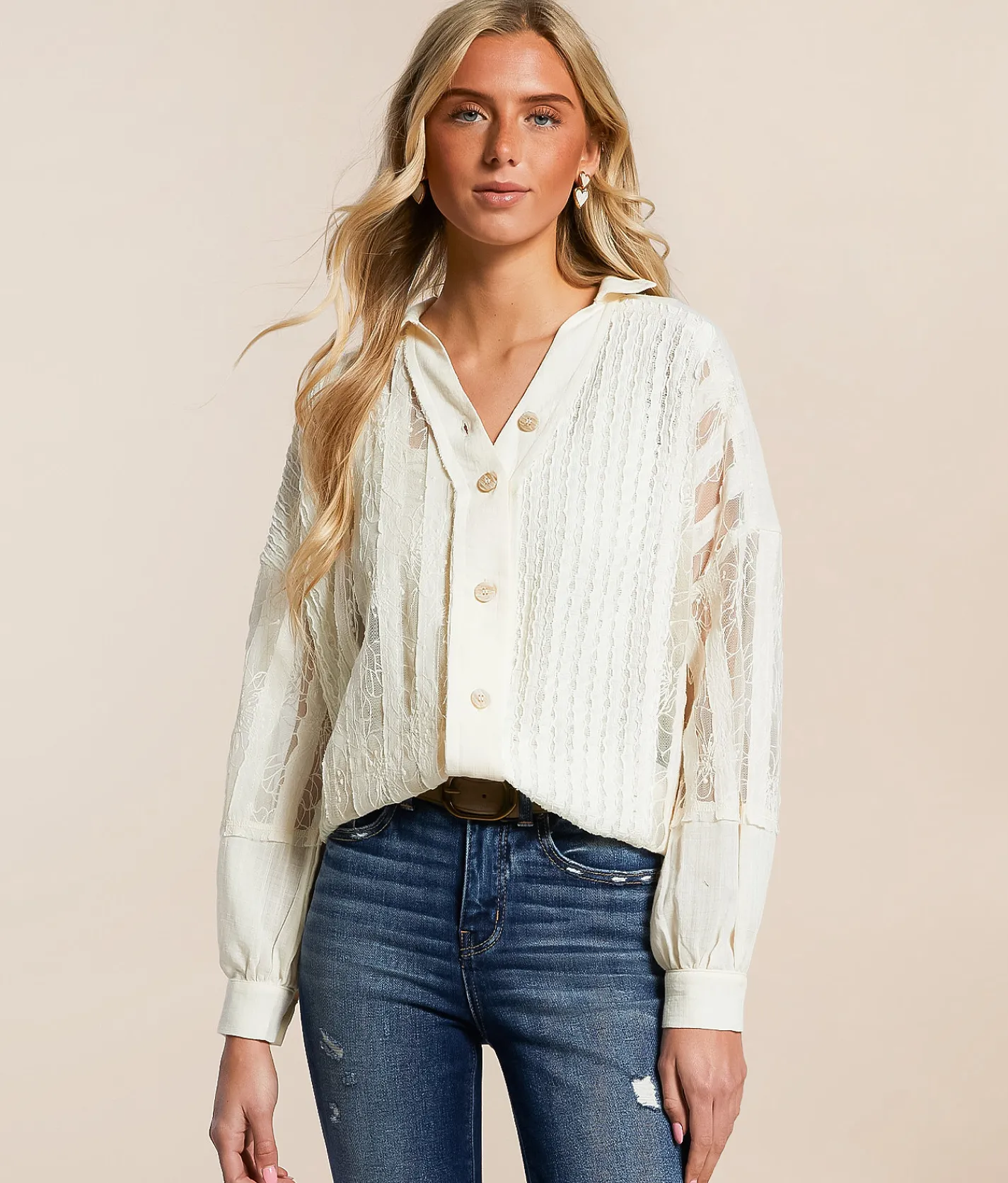 Tops | Miss Me Pieced Lace Shirt Natural