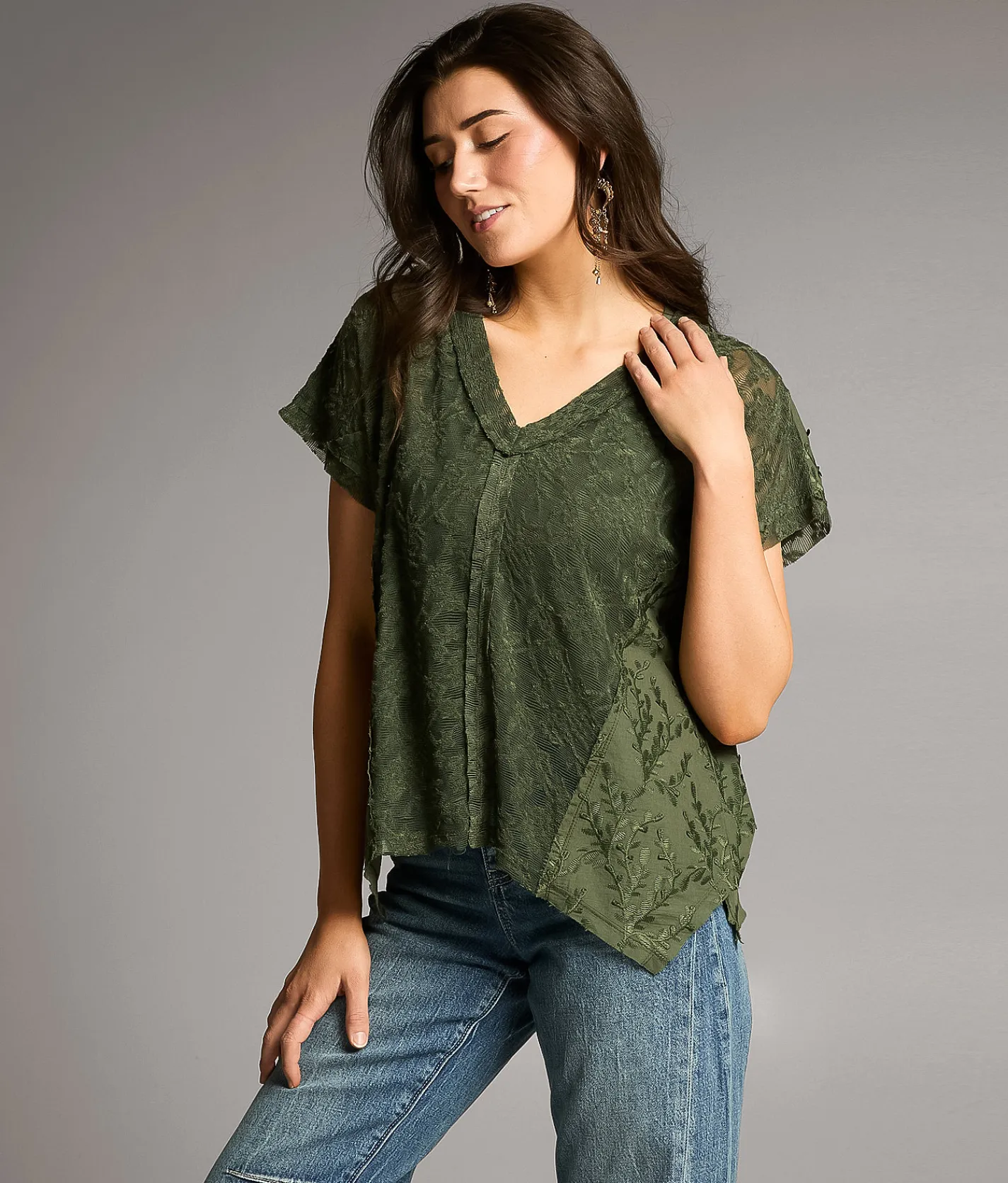 Tops | BKE Pieced Lace Top Thyme
