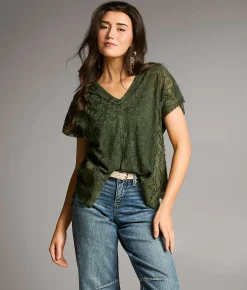 Tops | BKE Pieced Lace Top Thyme