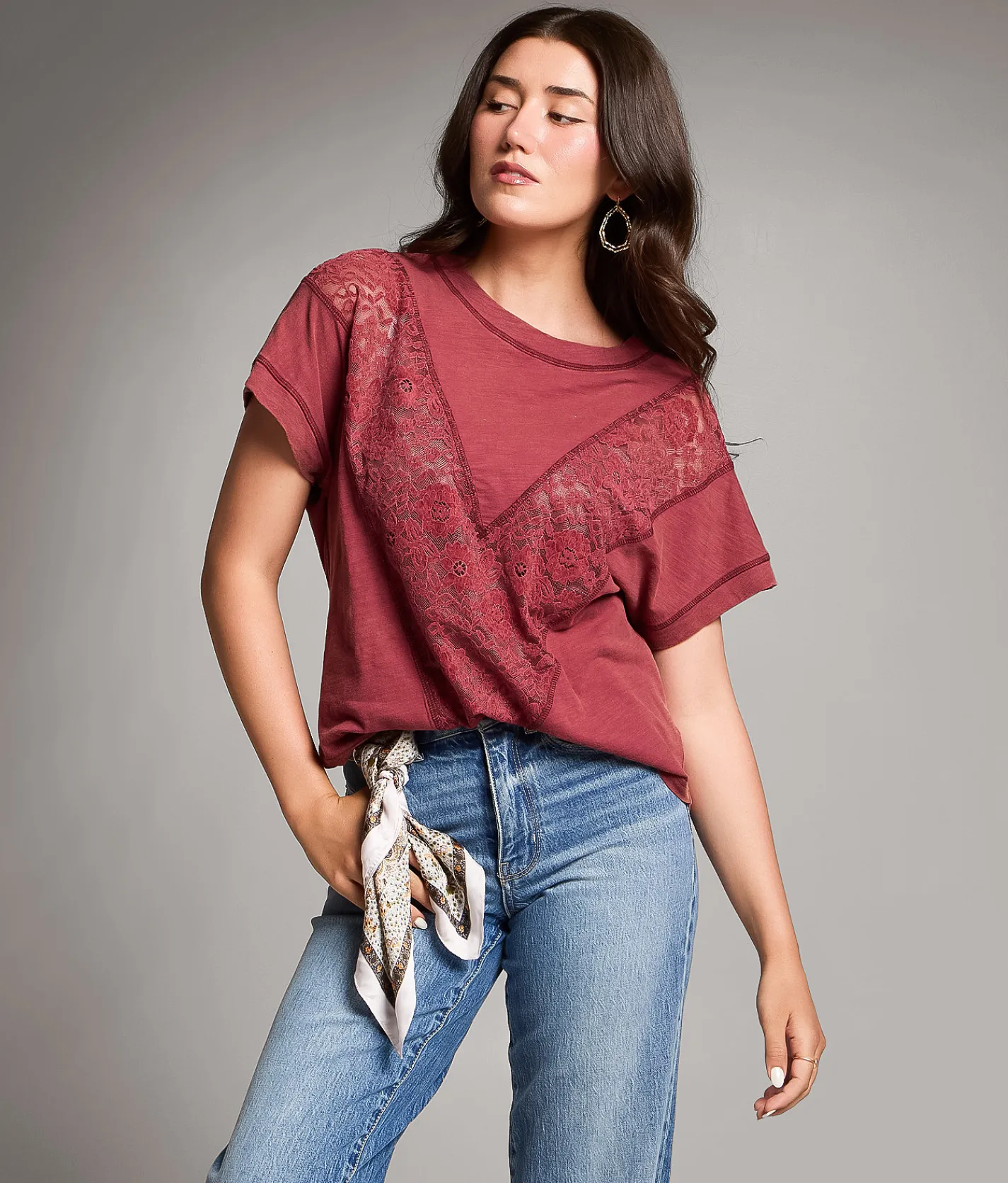 Tops | BKE Pieced Lace Top Dry Rose