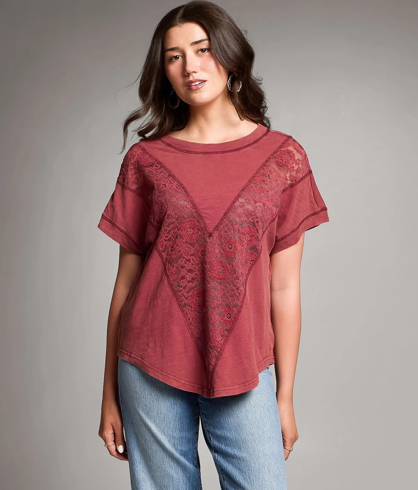 Tops | BKE Pieced Lace Top Dry Rose