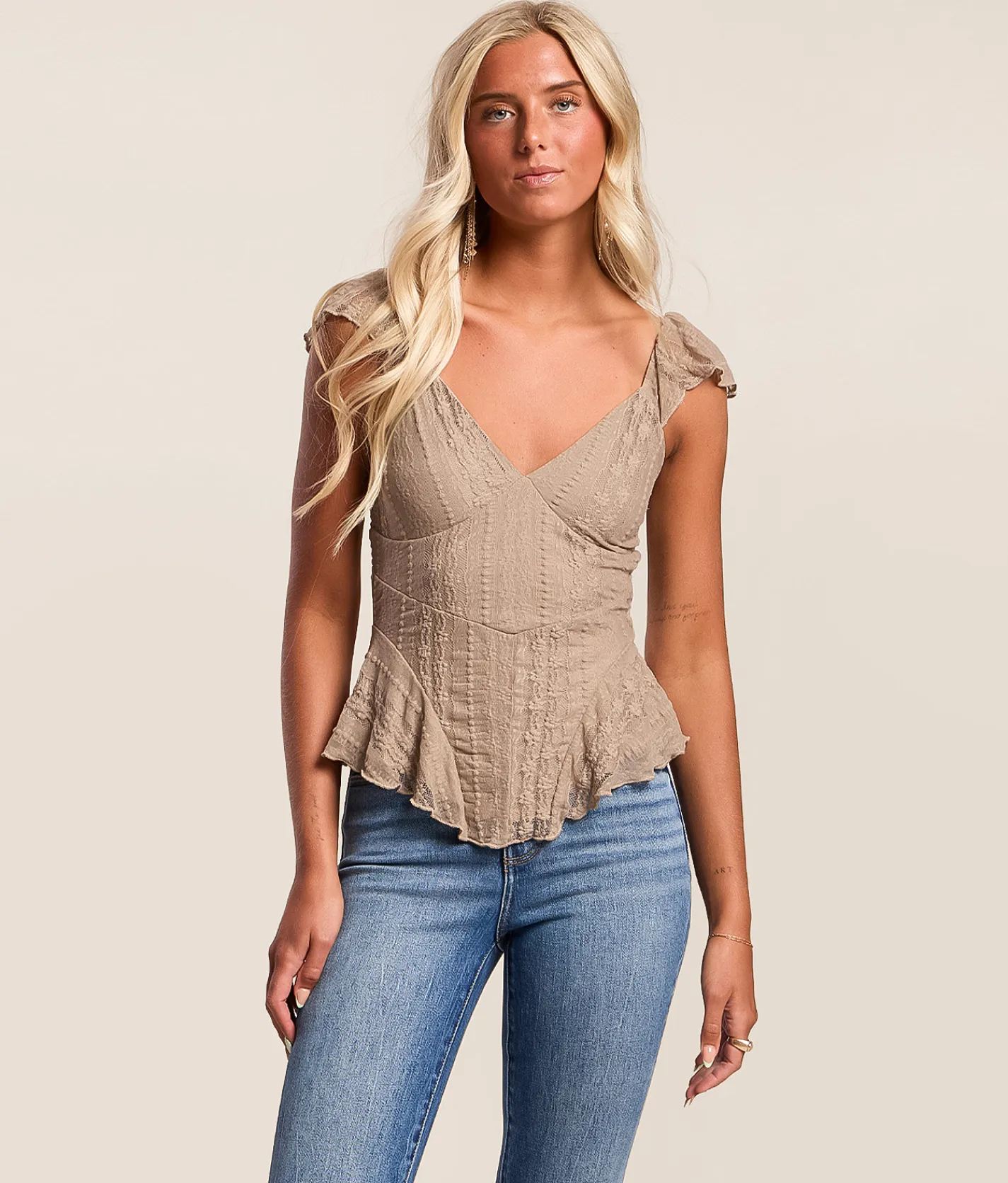 Willow & Root Pieced Lace Top Brown Clearance