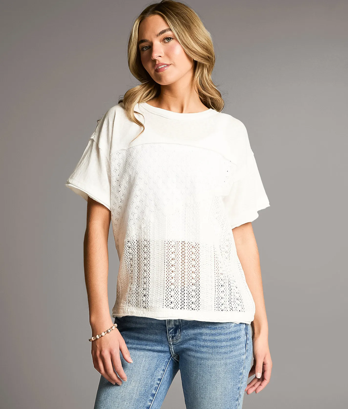 BKE Pieced Lace Top Pink New