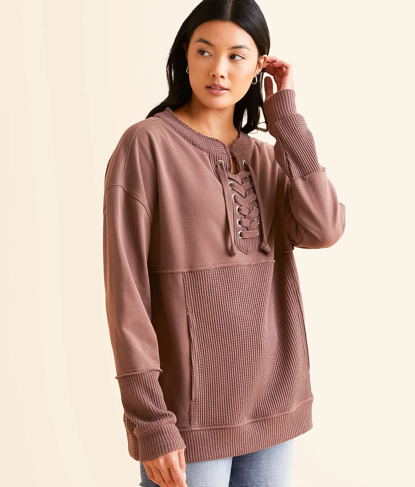 BKE Pieced Lace-Up Pullover Peppercorn Sale