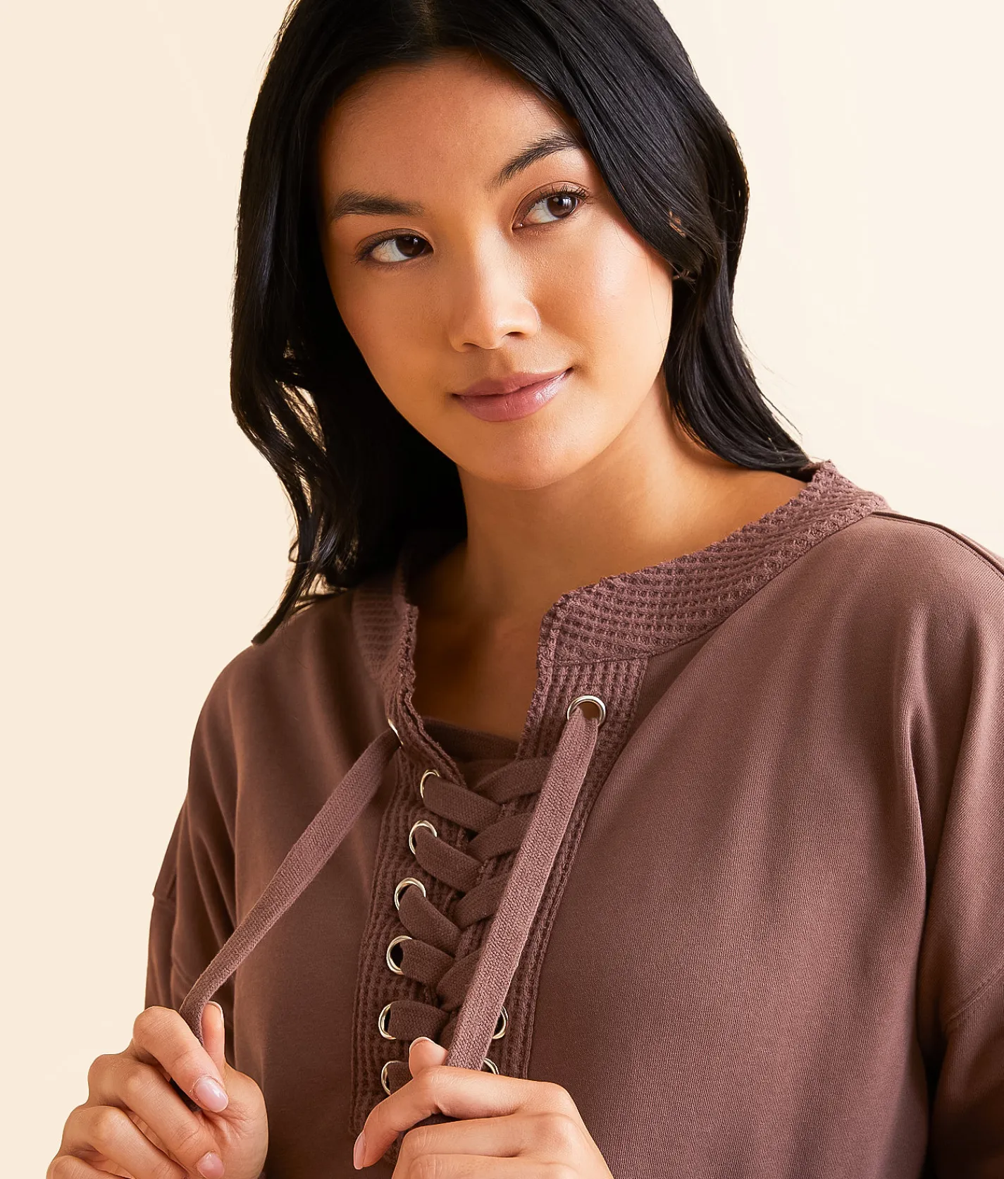 BKE Pieced Lace-Up Pullover Peppercorn Sale