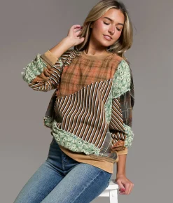 BKE Pieced Plaid & Floral Pullover Multi New