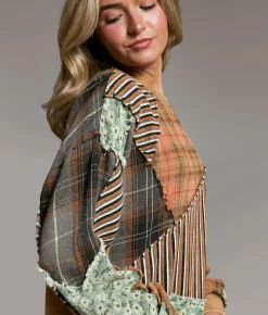 BKE Pieced Plaid & Floral Pullover Multi New