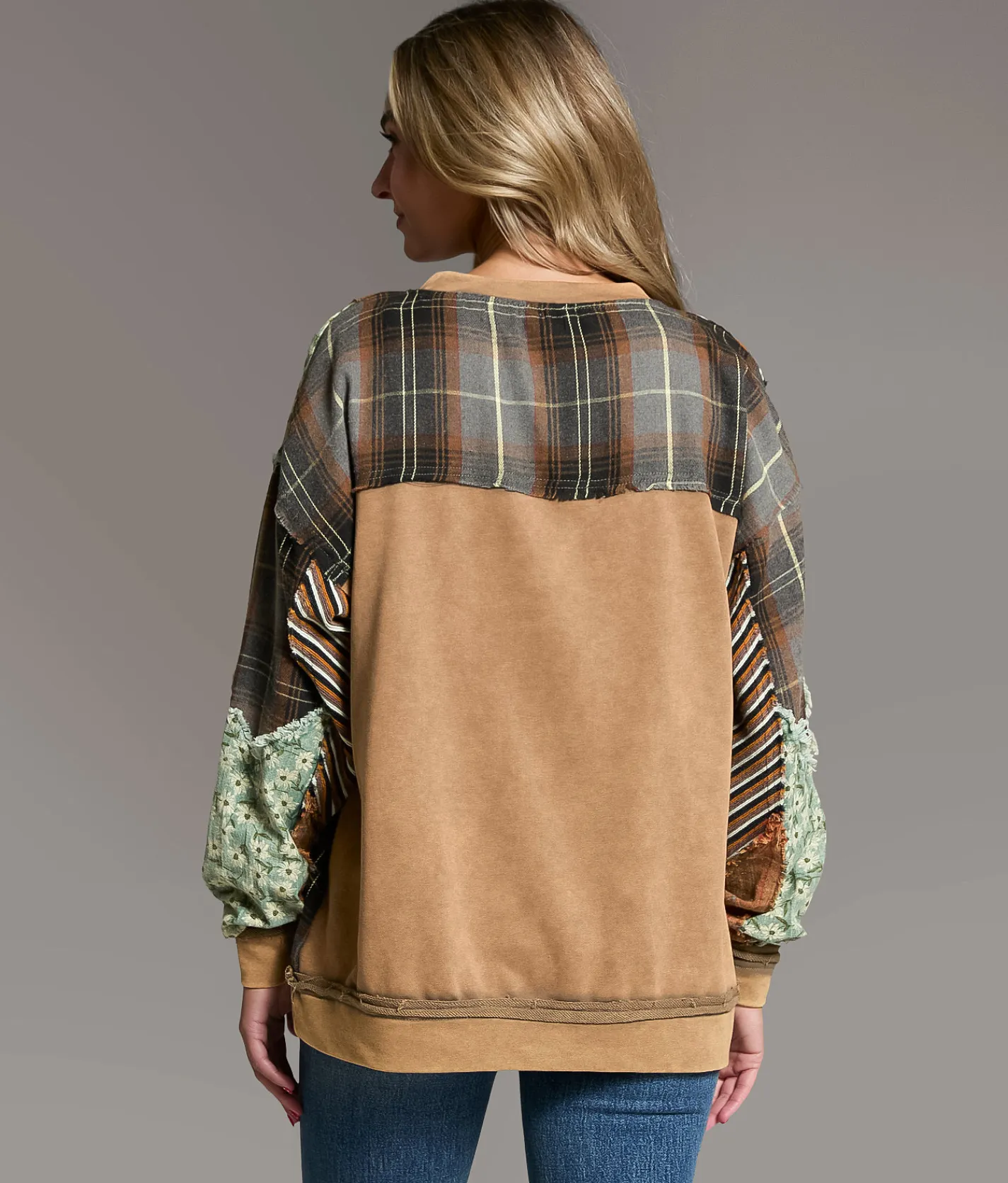 BKE Pieced Plaid & Floral Pullover Multi New