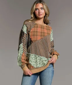 BKE Pieced Plaid & Floral Pullover Multi New