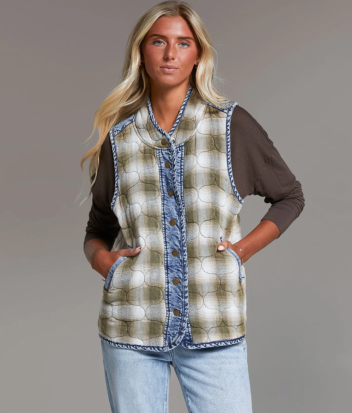 Tops|Coats & Jackets | BKE Pieced Plaid Denim Vest Vetiver