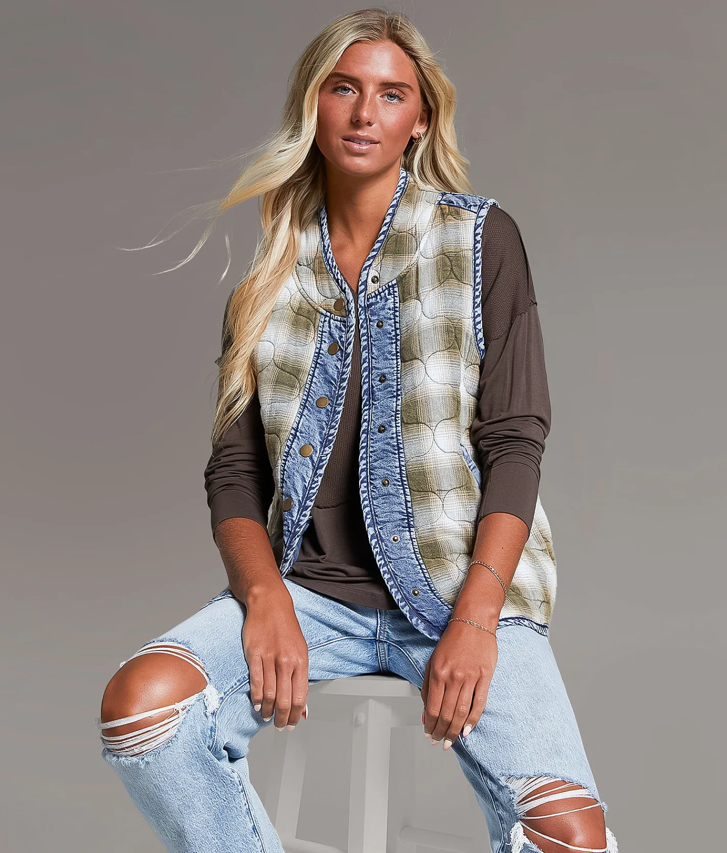 Tops|Coats & Jackets | BKE Pieced Plaid Denim Vest Vetiver