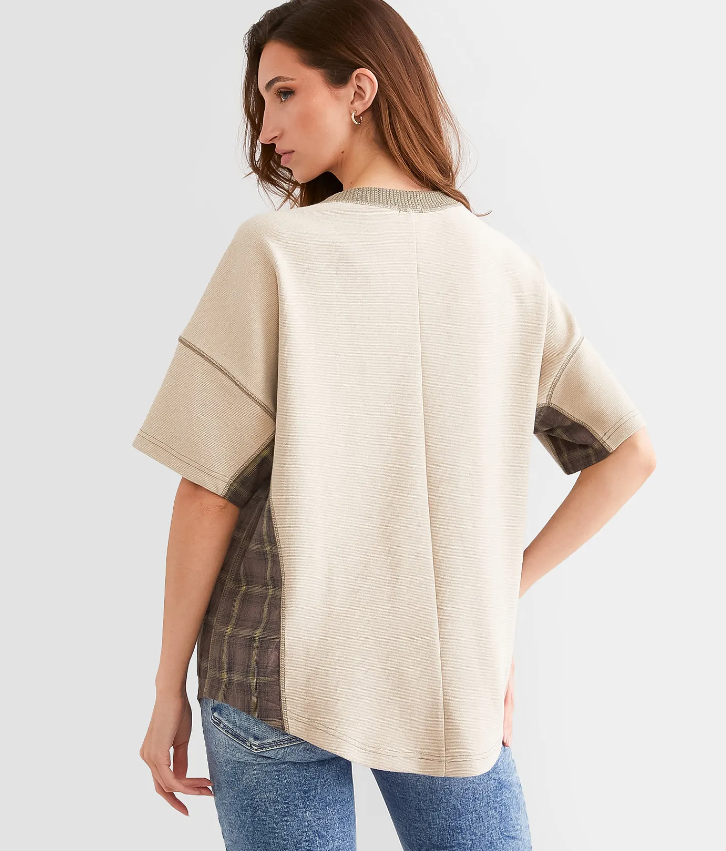 BKE Pieced Plaid Dolman Top Dark Olive Clearance