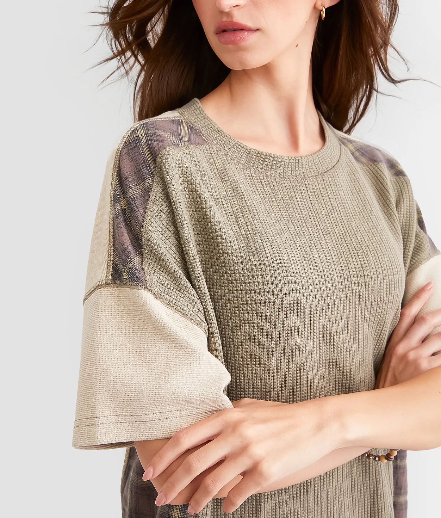 BKE Pieced Plaid Dolman Top Dark Olive Clearance