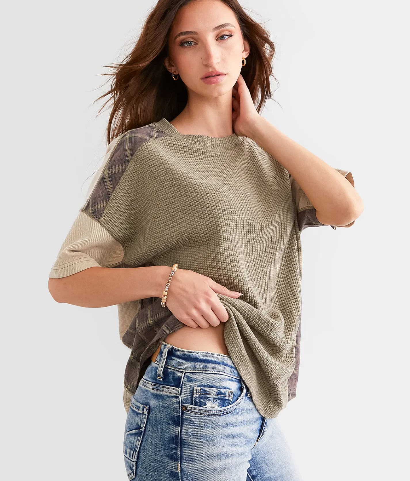 BKE Pieced Plaid Dolman Top Dark Olive Clearance