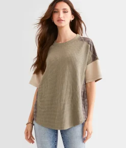 BKE Pieced Plaid Dolman Top Dark Olive Clearance