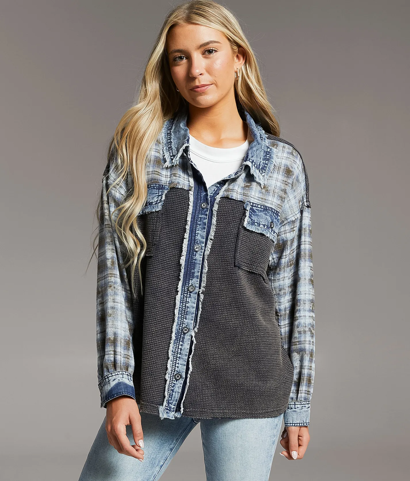 Tops|Coats & Jackets | BKE Pieced Plaid Frayed Shacket Multi