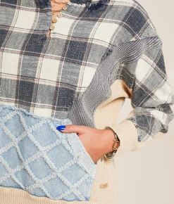 BKE Pieced Plaid Hooded Henley Pullover Blue White Plaid Outlet