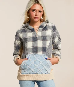 BKE Pieced Plaid Hooded Henley Pullover Blue White Plaid Outlet