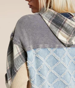 BKE Pieced Plaid Hooded Henley Pullover Blue White Plaid Outlet