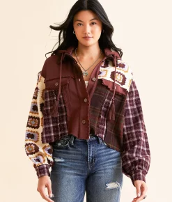 Tops|Coats & Jackets | Miss Me Pieced Plaid Hooded Jacket Brick Red