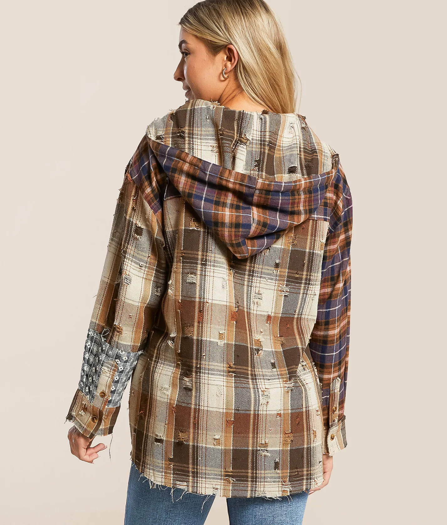 Miss Me Pieced Plaid Hooded Shacket Taupe Beige