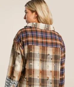Miss Me Pieced Plaid Hooded Shacket Taupe Beige