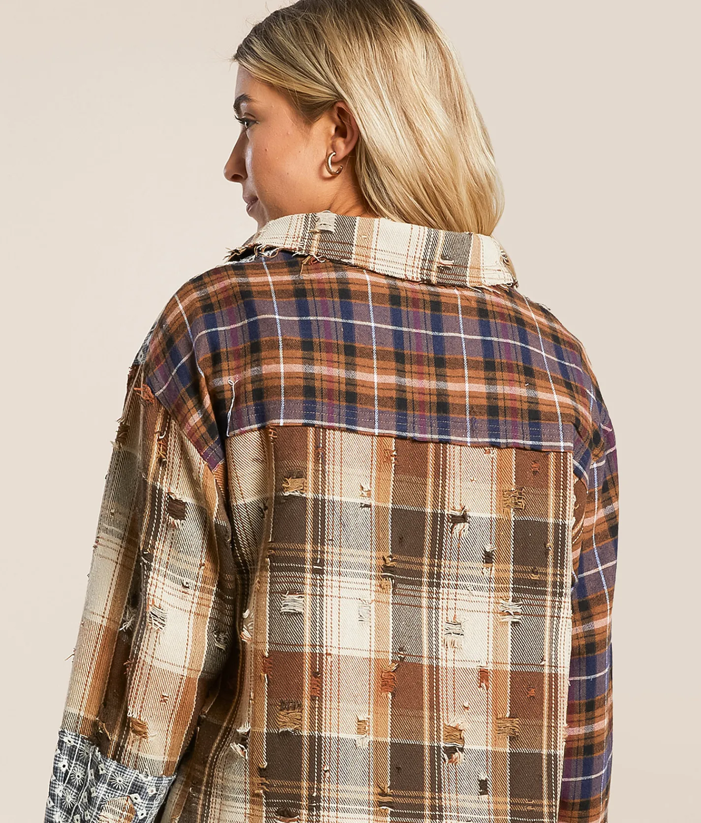 Miss Me Pieced Plaid Hooded Shacket Taupe Beige