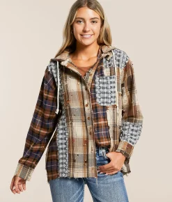 Miss Me Pieced Plaid Hooded Shacket Taupe Beige