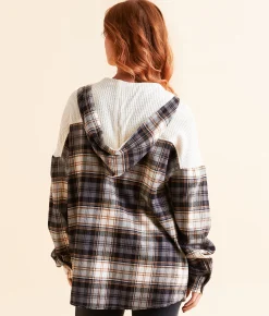 BKE Pieced Plaid Hooded Shirt Black Wht Biscuit Best