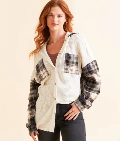 BKE Pieced Plaid Hooded Shirt Black Wht Biscuit Best