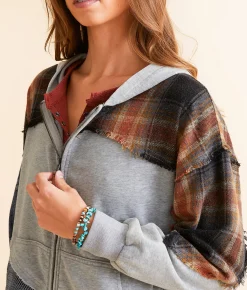 Tops | BKE Pieced Plaid Hoodie Heather Grey