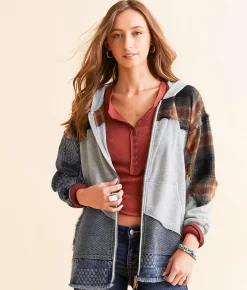 Tops | BKE Pieced Plaid Hoodie Heather Grey