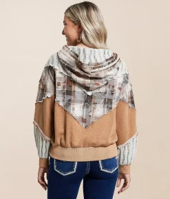 Miss Me Pieced Plaid Hoodie Multi Brown
