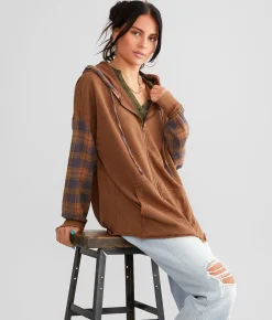 Gilded Intent Pieced Plaid Hoodie Brown
