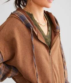 Gilded Intent Pieced Plaid Hoodie Brown