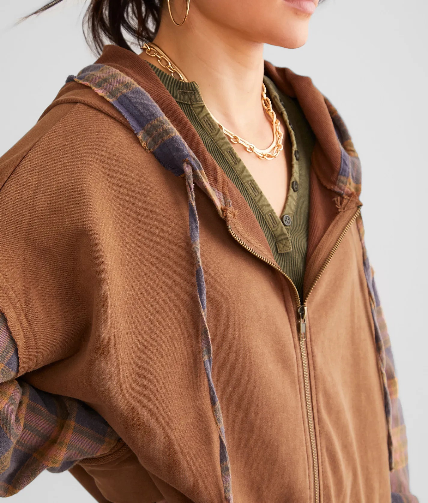 Gilded Intent Pieced Plaid Hoodie Brown