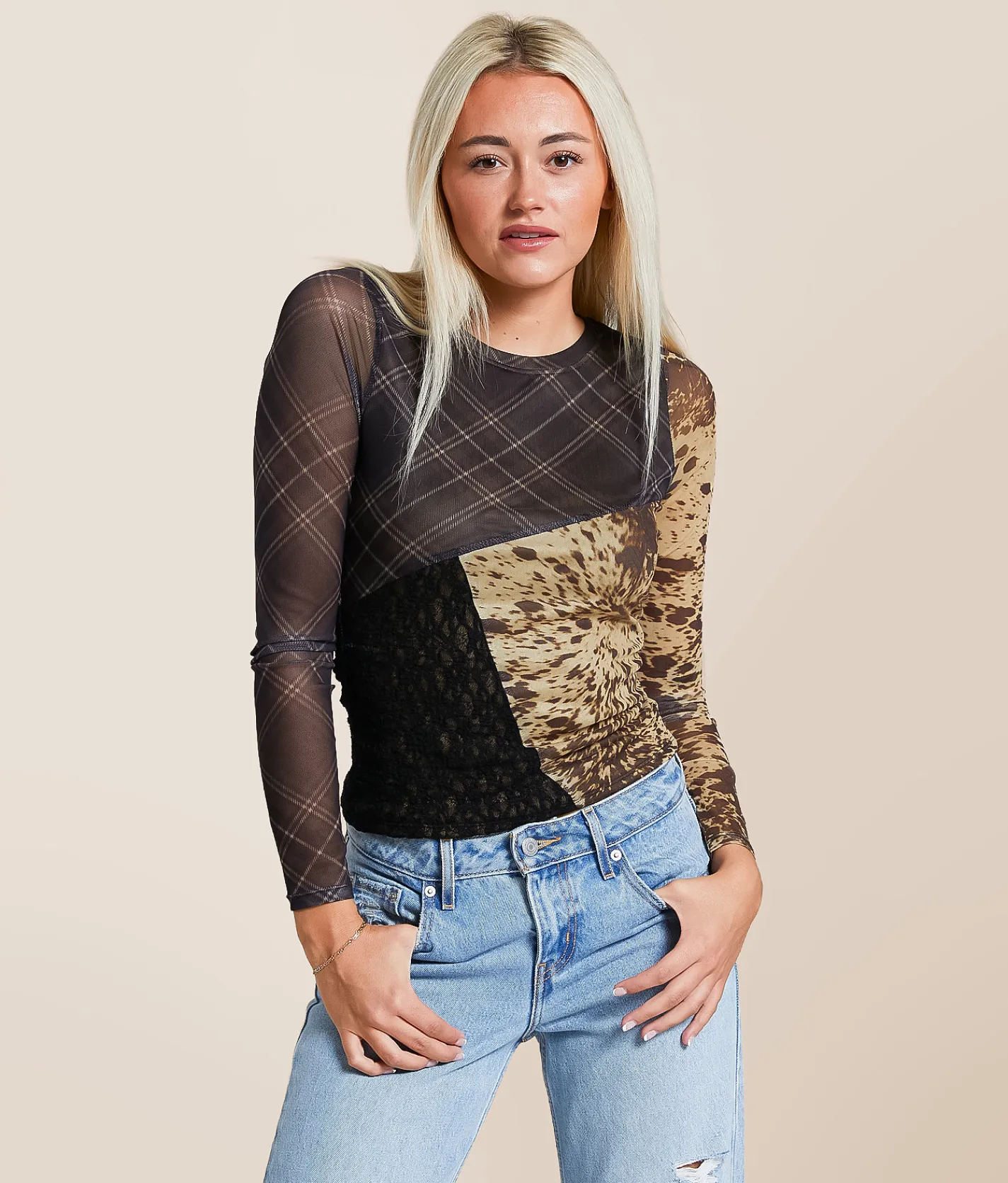Tops | Gilded Intent Pieced Plaid Mesh Top Plaid Cow Multi