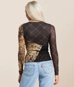 Tops | Gilded Intent Pieced Plaid Mesh Top Plaid Cow Multi