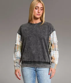 Tops | BKE Pieced Plaid Pullover Washed Black PLaid