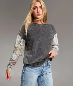 Tops | BKE Pieced Plaid Pullover Washed Black PLaid
