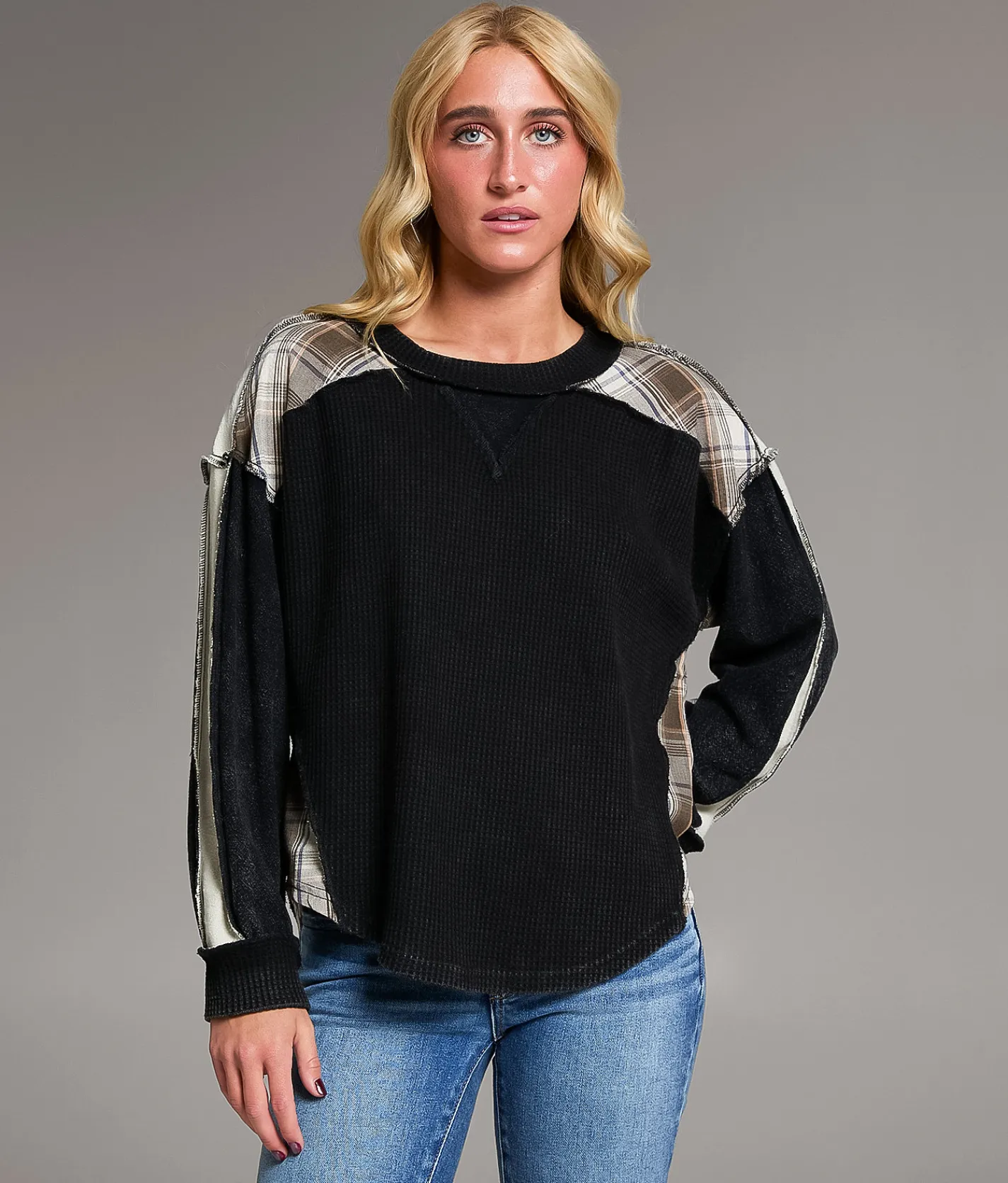 BKE Pieced Plaid Thermal Black New