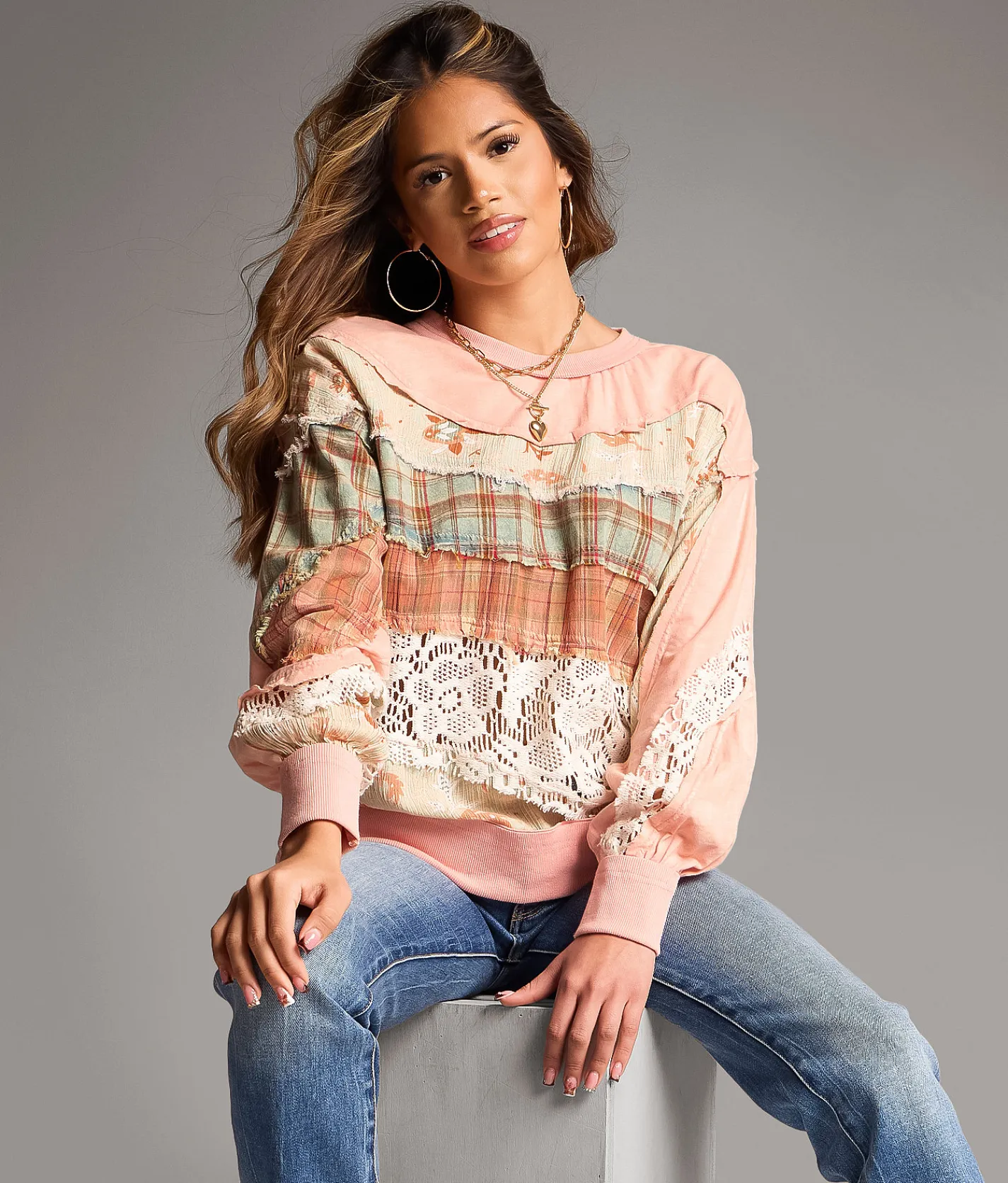 BKE Pieced Plaid Top Pink Mix Clearance