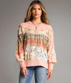 BKE Pieced Plaid Top Pink Mix Clearance