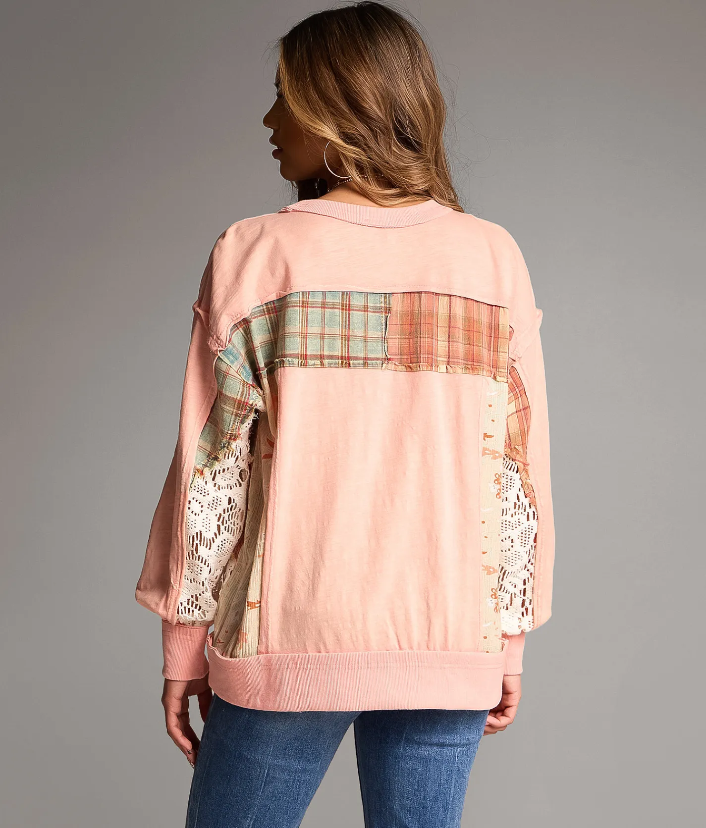 BKE Pieced Plaid Top Pink Mix Clearance