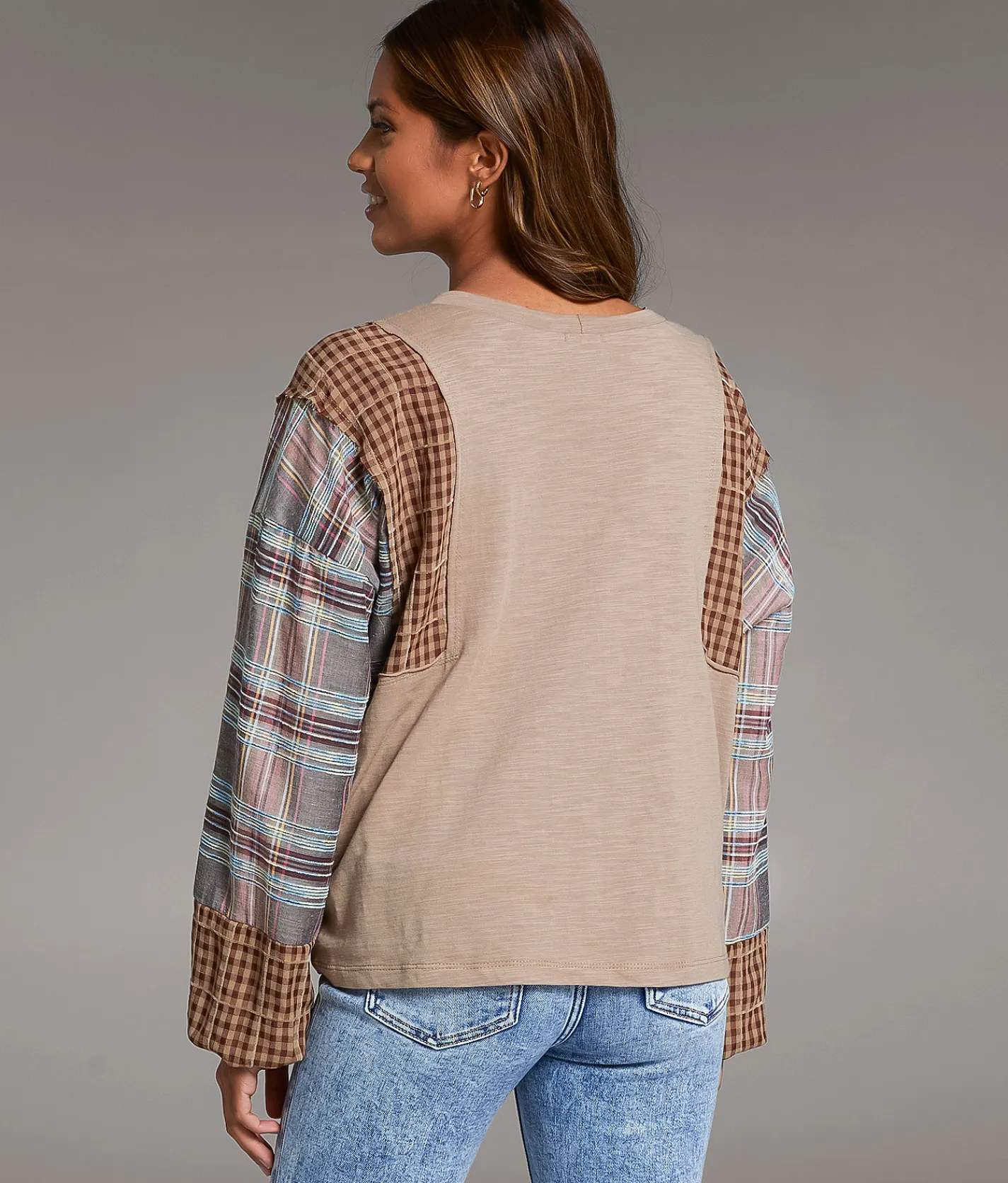 BKE Pieced Plaid Top Beige Outlet