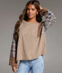 BKE Pieced Plaid Top Beige Outlet