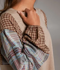 BKE Pieced Plaid Top Beige Outlet