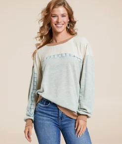 BKE Pieced Plaid Top Sage Best