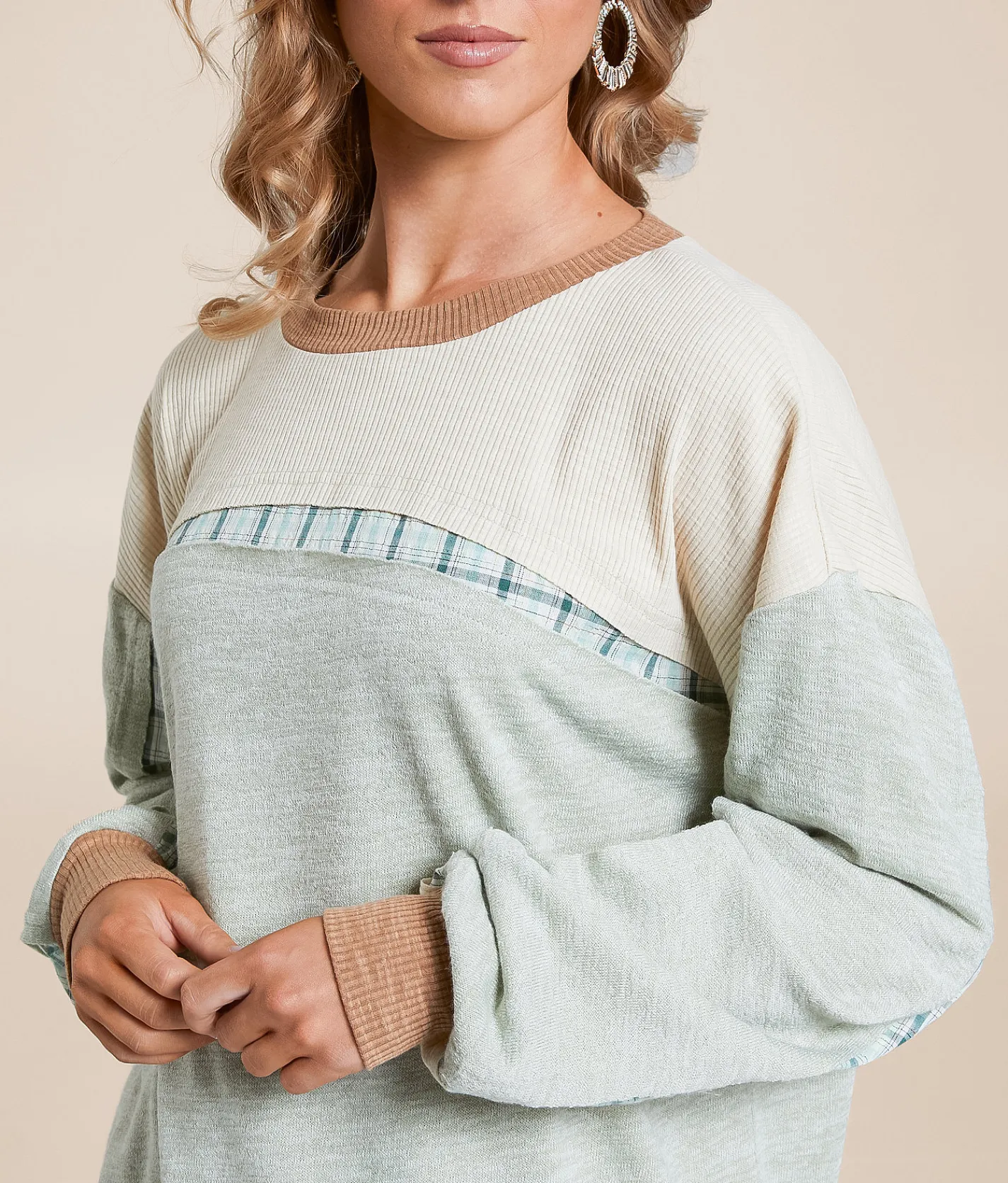 BKE Pieced Plaid Top Sage Best
