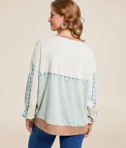 BKE Pieced Plaid Top Sage Best